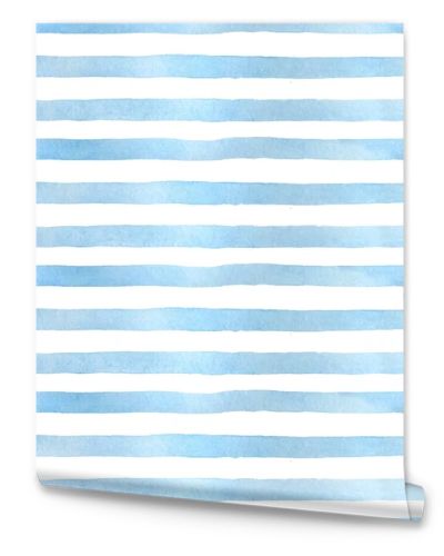 Blue strip watercolor hand painted seamless pattern. Horizontal striped print.