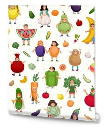 Kids in fruits and vegetables costumes seamless pattern, kids design, fruit carnival, kids theater, fruits and vegetables and people. Baby textile design, seamless vector pattern