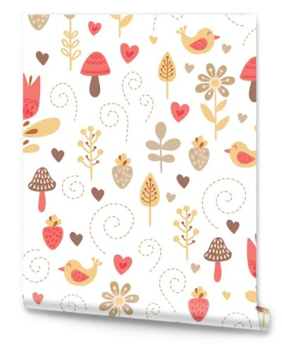    Forest friends vector seamless pattern. Kids colorful background with cute birds and plants. Lovely childish botanic texture with flowers, berries and hearts