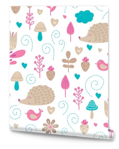 Forest friends vector seamless pattern. Kids colorful background with cute animals, birds and plants. Lovely childish texture with hedgehogs, flowers and hearts