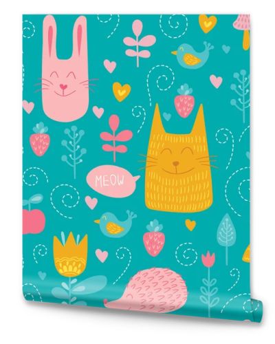 Forest friends vector seamless pattern. Kids blue background with cute animals, birds and plants