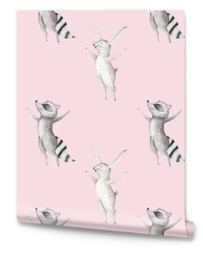 raccoon and bunny drawing seamless pattern