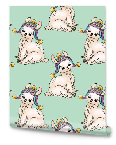 Seamless pattern with the image of cute llamas in doodle style. Colorful vector background