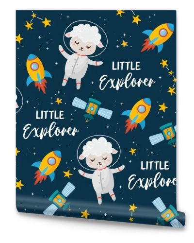 Space seamless pattern. Kids illustration with hand lettering text and different elements of cosmos. Astronaut lamb, cute planets, stars, ufo, rocket, constellations.