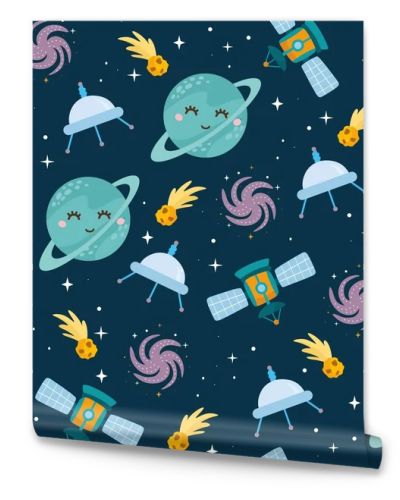 Space seamless pattern. Kids illustration with different elements of space. Cute planets, stars, ufo, Milky Way. Outer space.