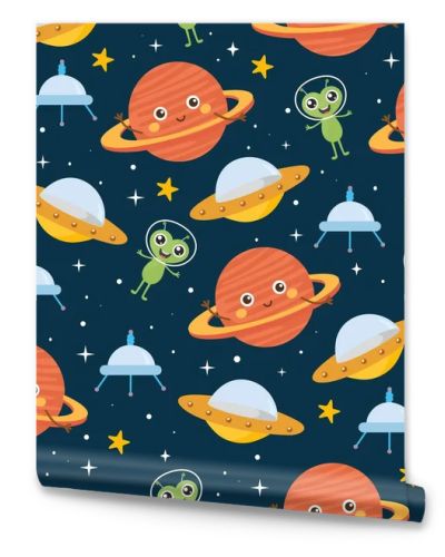 Space seamless pattern. Kids illustration with different elements of space. Cute planets, stars, alien, ufo. Outer space.