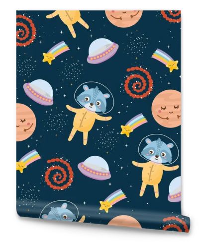 Space seamless pattern. Kids illustration with different elements of space. Astronaut animal, raccoon, cute planets, stars, ufo, rainbow. Outer space.