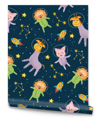 Space seamless pattern. Kids illustration with different elements of space. Astronaut animal, lion, piglet, giraffe, stars, rocket, constellation. Outer space.