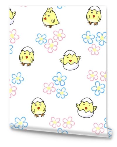 Cute chick hatching from an egg on a white background with florets. Vector seamless pattern Kids texture for wallpaper, prints, clothes, wrapping paper, printing on packaging, fabric, textile, Easter design