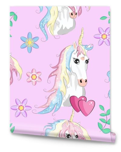 Cute unicorns seamless pattern. Kids pattern with unicorns, flowers, balloons, clouds and rainbow