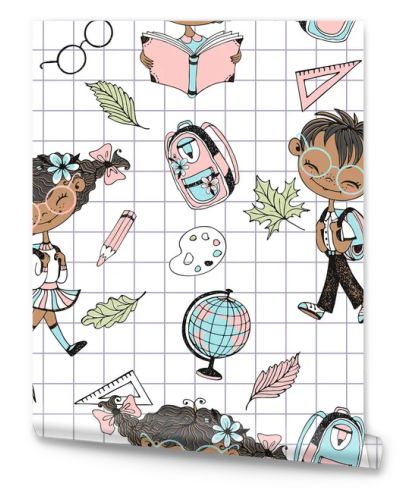 Seamless pattern on the school theme with school children and school accessories. Back to school. Checkered background. Vector.