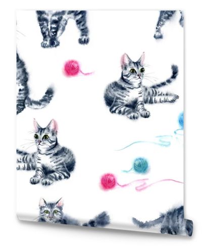 Watercolor seamless pattern hand drawn funny cute playful cats with stripes - cat playing with threads and balls collection - kids design - black, grey, white, pink, blue