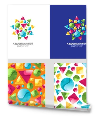 Vector montessori kindergarten logo, emblem and seamless pattern. Kids art club, education center, preschool or creativity class concept. Identity design.