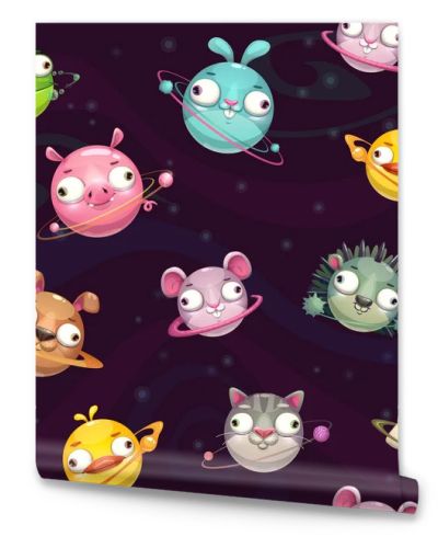 Seamless pattern with funny cartoon round animal planets on the space background.