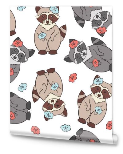 Vector seamless pattern with cute raccoons with flowers on a white background, for packaging design, covers, wallpaper, print on textiles