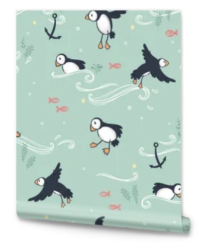 Cute hand drawn puffin seamless pattern, lovely doodle birds background, great for textiles, banners, wallpapers - vector design