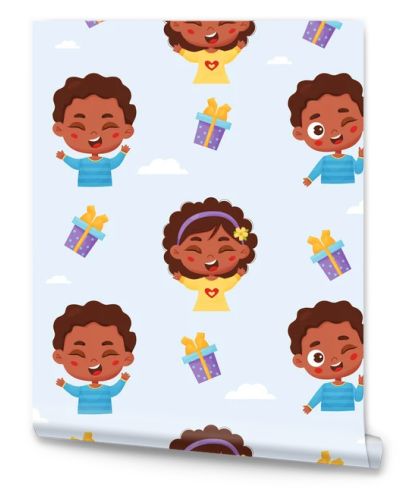 Seamless childrens pattern. Cute playful dark-skinned boy and girl on light blue background with clouds and gifts. Vector illustration in cartoon style for baby collection, textile, design, wallpaper