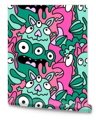 Cartoon doodle monsters seamless aliens and animals pattern for wrapping paper and fabrics and kids clothes print and linens and packaging. High quality illustration