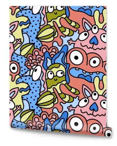 Cartoon doodle monsters seamless aliens and animals pattern for wrapping paper and fabrics and kids clothes print and linens and packaging. High quality illustration