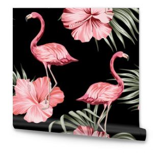 Tropikalny różowy hibiskus i flaming kwiatowy zielone liście palmowe wzór czarne tło Egzotyczna tapeta w dżungli