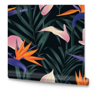 Wzór roślin tropikalnych Rajski ptak kwiat różowy Anturium i liście palmowe na czarnym tle