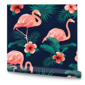Piękny ptak flamingowy, kwiaty tropikalne, tło wektor wzór