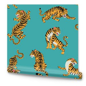 Wektorowy bezszwowy wzór z ślicznymi tygrysami na tle Modny projekt tkaniny