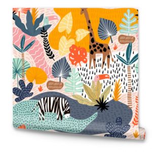 Wzór z żyrafą zebratucan i tropikalnym krajobrazem Dziecięca tekstura kreatywnej dżungli Idealne do tkanin tekstylnych Vector