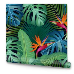 Wzór tropikalnych liści z rajskim ptakiem na czarnym tle