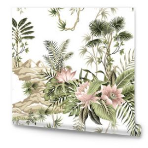 Tropikalna wyspa botaniczna w stylu vintage palma górska morze falówka liście palmowe liana kwiat lotosu lato kwiatowy wzór