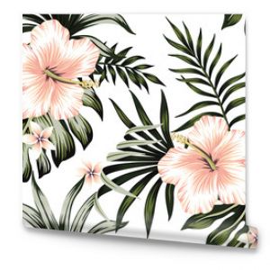 Tropikalna brzoskwinia, hibiskus i plumeria kwiatowy ciemnozielone liście palmowe wzór białe tło Egzotyczna tapeta w dżungli