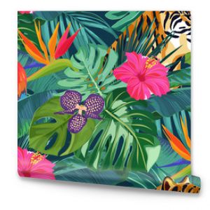 Letni wzór z tropikalnymi liśćmi palmowymi, kwiatami, papugą i tygrysem. Drukuj w dżungli. Hawajskie tło. Ilustracja wektora