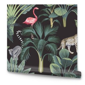 Tropikalne zabytkowe dzikie zwierzęta flamingi palmy drzewo bananowe kwiatowy wzór ciemne tło Egzotyczna dżungla botaniczna wa