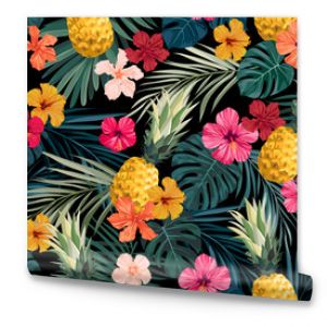 Bezszwowe, ręcznie rysowane tropikalny wektor wzór z egzotycznymi liśćmi palmowymi, kwiatami hibiskusa, ananasami i różnymi roślinami na ciemnym tle