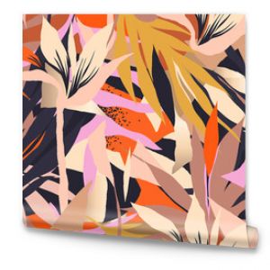 Kolorowe egzotyczne rośliny dżungli wzór ilustracji Kreatywny kolaż współczesny kwiatowy wzór bez szwu Modny szablon fo