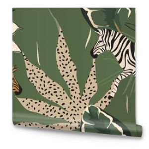 Ręcznie rysowane abstrakcyjny wzór kwiatowy z zebrami Modny kolaż współczesny wzór bez szwu Naturalne kolory Modny szablon