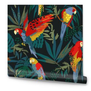 Abstrakcyjny wzór bez szwu z papugami i liśćmi tropikalnymi Nowoczesny egzotyczny wzór do dekoracji wnętrz z tkaniny okładkowej i ot