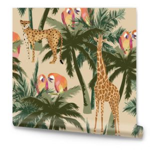 Tropikalny wzór z palmą, papugą żyrafą i gepardem ilustracji wektorowych Lato w tle