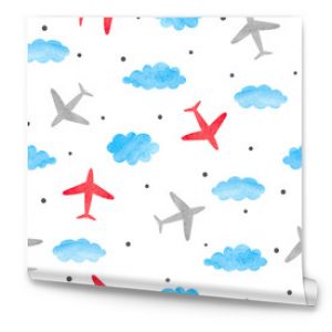 Bezszwowy wzór chłopca z akwarelowymi samolotami i chmurami