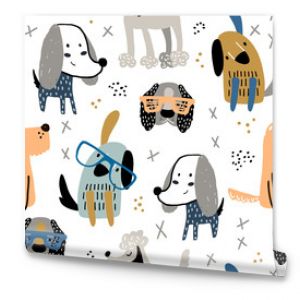Dziecinny wzór z zabawnymi, kreatywnymi psami w okularach Modne skandynawskie tło wektorowe Idealne do produkcji odzieży dla dzieci