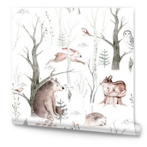 Akwarela zwierząt leśnych skandynawski wzór tkaniny tapety tło z jeżem sową, lisem i królikiem motylem