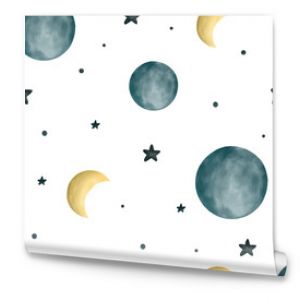 Ładny kosmiczny wzór z planetami księżyca i gwiazdami w stylu przypominającym akwarele Ręcznie rysowana skandynawska dziecinna ilustracja