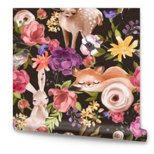 Bezszwowy kwiatowy wzór, taflowy wzór tekstylny moda tło z leśnymi zwierzętami, jeleniem lisem, króliczkiem i kwiatami