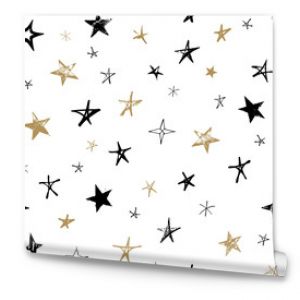 Wzór z czarno-złotymi ręcznie rysowanymi gwiazdami wektorowymi w stylu Bazgroły izolowane na białym tle