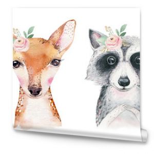 Akwarela zestaw leśnej kreskówki na białym tle słodkie dziecko lisa jelenia szopa i sowy z kwiatami Przedszkole lasów ilustracja B