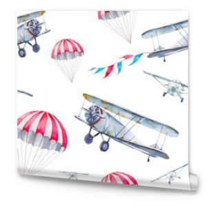 Akwarela kreskówka samolot samolot wzór ręcznie malowane tekstury z girlandą vintage latające flagi transportowe i spadochronem