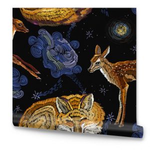 Haft śpiący lis jeleń i nocne niebo poziomy wzór Dobranocna sztuka Modny szablon do projektowania ubrań