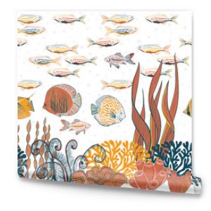 Vector hand drawn aquarium life fishes water plants border seamless pattern print background.