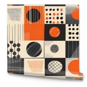 Retro Geometric Pattern with Orange, Black, and Grey Squares and Circles