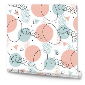 seamless minimalistic abstract pattern. Delicate pastel colors, geometric shapes and floral prints, lines. For fabric, paper, cover stories, phone cases. Vector illustration.